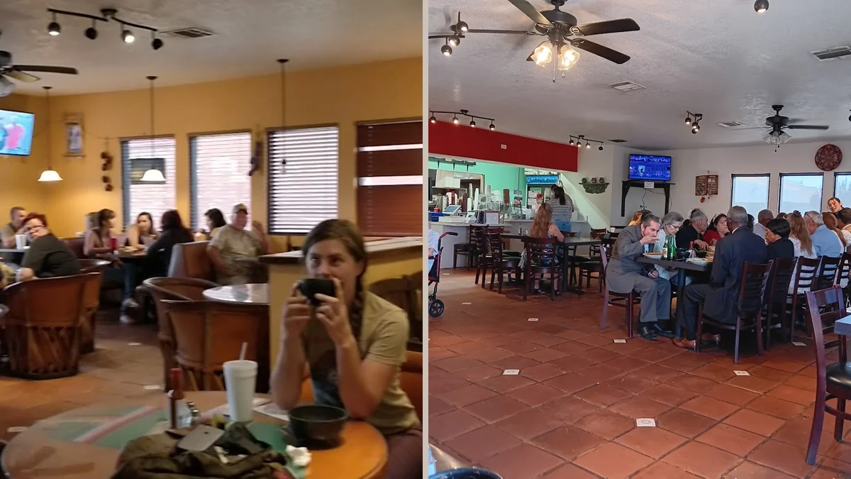 Dining tables inside a casual restaurant